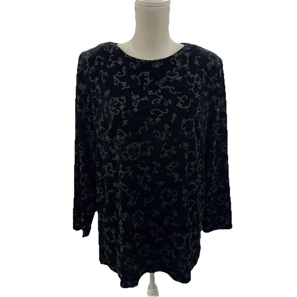 Vintage R&M Richards Black Velvet Evening Top Women’s XLP Silver Metallic Tunic